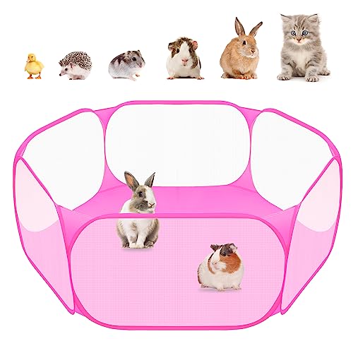 Amakunft Small Animal Playpen, Pop-Up Portable Play Yard for Guinea Pigs, Rabbits, Hamsters, Hedgehogs, Foldable Exercise Fence with Breathable Mesh for Indoor Outdoor Use - color: Pink