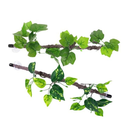 2pcs Reptile Corner Branch Terrarium Decoration with Suction Cup, Artificial Green Plastic Vines for Lizards and Chameleons, Low Maintenance Habitat Decor for Reptile Tank