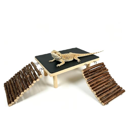Bearded Dragon Basking Platform with Climbing Ramp,Reptile Basking Rock Slate Stone,Wood Lizard Resting Platform Hide Cave Tank Accessories for Gecko Tortoise Snake Frog(Medium) - size: M: 6"x 11.8"x 4.56"