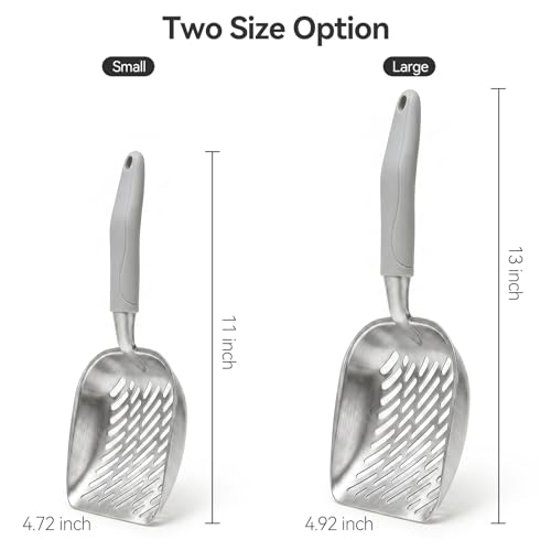 Cat Litter Scoop, Kitty Metal Scooper, Heavy Duty Aluminum Deep Sifter with Long Handle, Rustproof Durable Kitten Poop Shovel for Travel & Small Litter Box - color: Gray, size: Medium
