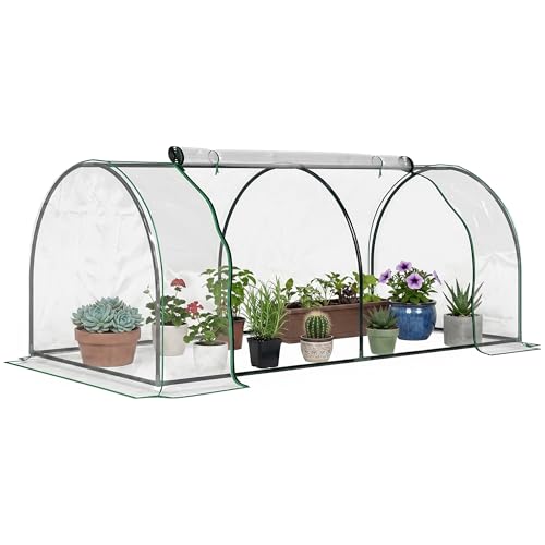 Outsunny 7' x 3' x 2.5' Mini Greenhouse, Portable Tunnel Green House with Roll-Up Zippered Door, UV Waterproof Cover, Steel Frame, Clear