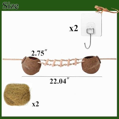HERCOCCI Gecko Tank Accessories, Hermit Crab Toys Double Coconut Shell Natural Coconut Husk Hut with Climbing Ladder with Suction Cup for Leopard Gecko Snake Reptiles