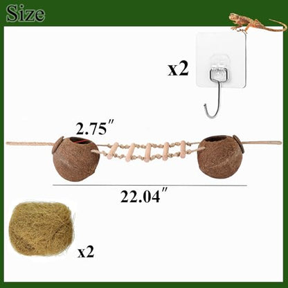 HERCOCCI Gecko Tank Accessories, Hermit Crab Toys Double Coconut Shell Natural Coconut Husk Hut with Climbing Ladder with Suction Cup for Leopard Gecko Snake Reptiles