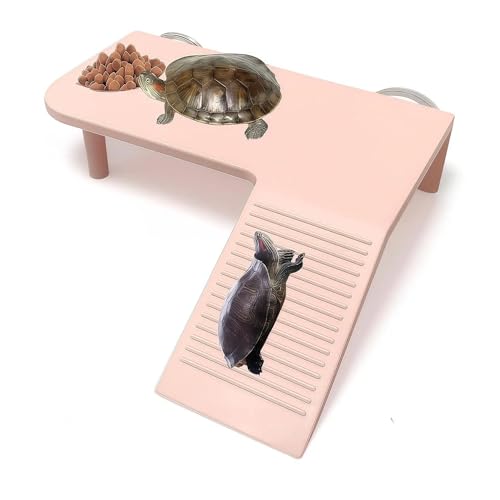 Turtle Basking Platform with Feeding Area,Turtle Basking Platform Large-with Two Strong Vacuum Suction Cups and Support Base,Suitable for Deep-Water and Semi-Aquatic Turtles (Pink, Medium)