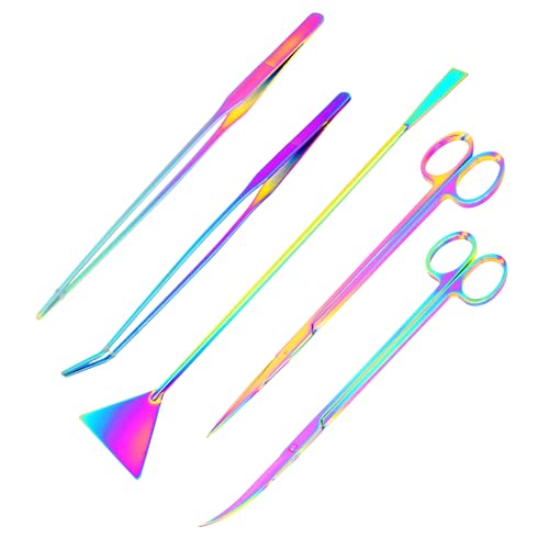 Mandala Crafts Rainbow Stainless Steel Aquascaping Tools Kit – Aquarium Plant Tools with Tweezers, Spatula, and Scissors for Fish Tanks, Hospital Tanks, Goldfish Bowls, Aquariums, and Terrariums - color: Rainbow 5-in-1 Kit, size: 5-in-1 Combo Spatula Scis