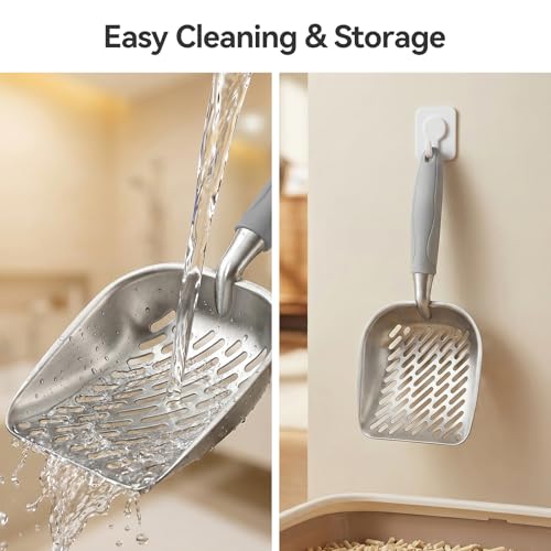Cat Litter Scoop, Kitty Metal Scooper, Heavy Duty Aluminum Deep Sifter with Long Handle, Rustproof Durable Kitten Poop Shovel for Travel & Small Litter Box - color: Gray, size: Medium