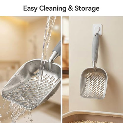 Cat Litter Scoop, Kitty Metal Scooper, Heavy Duty Aluminum Deep Sifter with Long Handle, Rustproof Durable Kitten Poop Shovel for Travel & Small Litter Box - color: Gray, size: Medium