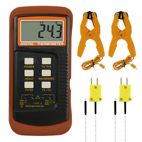K Type Thermocouple Thermometer (-50~1300°C), Dual Channels Digital Thermometer with 2 Temperature Clamp 2 Wired Thermocouple Probes, High Accuracy Temperature Kelvin Scale Meter Tester