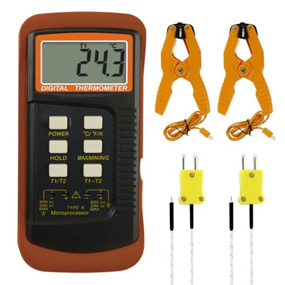 K Type Thermocouple Thermometer (-50~1300°C), Dual Channels Digital Thermometer with 2 Temperature Clamp 2 Wired Thermocouple Probes, High Accuracy Temperature Kelvin Scale Meter Tester