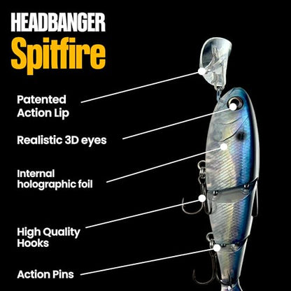 Headbanger Spitfire Topwater Fishing Lure (4-1/2" & 6-1/2") – Hybrid Wakebait & Propbait for Bass, Pike & Musky – Hard Body Swimbait with Action Lip & VMC Hooks - color: Ghost Shad, size: 4-1/2"