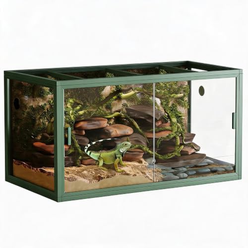120 Gallon Reptile Tank 48x24x24 in with Front Sliding Tempered Glass Doors and Top Screen Ventilation, Extra Large Lizard Habitat Cage for Lizard Species Tortoise, Carbon Steel Frame, Dark Green