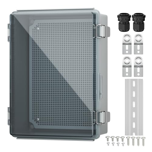 Joinfworld Lockable Outdoor Weatherproof Electrical Box for Electronics Outside 11.4x7.5x5.5 Weather Proof Electrical Box Plastic Nema 4 Enclosure Clear | Stainless Weatherproof ABS Box, DIN Rail, Grid Plate, 2 NPT1/2 Glands, Easy Install for Marine, Sola