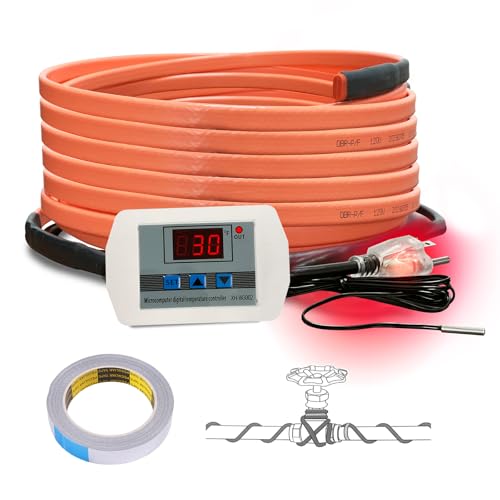 Cupohus Heat Tape for Water Pipes with Digital Display Thermostat 25FT, Freeze Protection Self-Regulating Heat Trace Cable for Metal, Plastic Home Pipes, Roof and RV, 110-120V