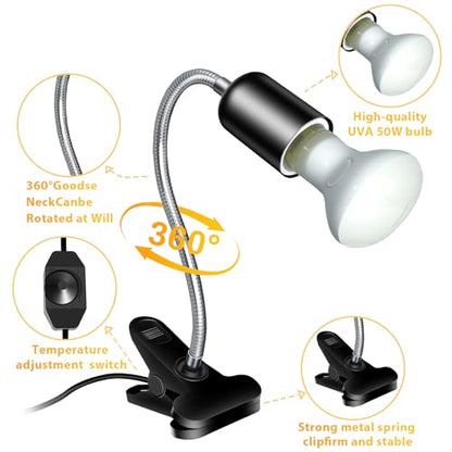 Reptile Heat Lamp with Clamp, UVA UVB Reptile Light with 360° Rotatable, Dimming and 2Pcs 50W Heat Bulb Simulated Sunlight Basking Light for Turtle Tortoise Lizard Snake Bearded Dragon