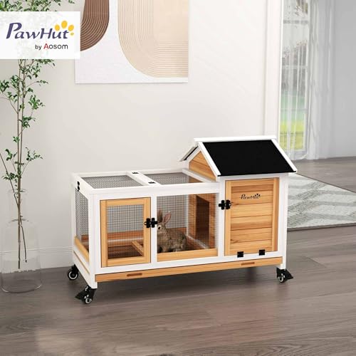 PawHut Wooden Rabbit Hutch with Wheels, Indoor Outdoor Large Bunny Hutch with Run & Slide-Out Tray for Small Animals, Rabbits, Chickens, Ducks, Guinea Pig, Yellow - color: Yellow