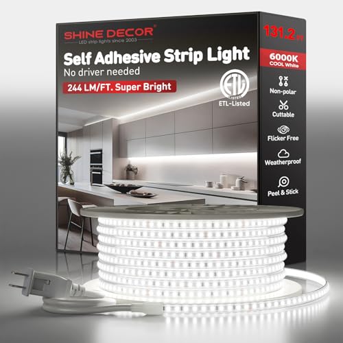 Shine Decor LED Strip Light Super Bright 32000LM, Plug&Play 120V Driverless Easy Wiring, Flicker Free Weatherproof for Outdoor Indoor, Min. 3.9” Cuttable Stickable, 6000K Cool White 131FT ETL Listed - color: Cold White, size: 131.2 Ft