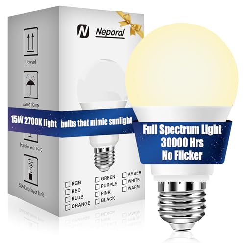 Neporal 15W Full Spectrum Light Bulb, 2700K UV-Free Natural Sunlight Bulbs, 15W 100W Equivalent LED Light Bulb, CRI 90+, No Flicker, 1200Lumen Daylight Sun Light for Humans，Home & Office,1PK - color: 2700k Soft White, size: 1 Count (Pack of 1)