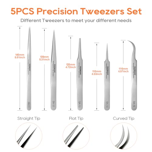 TOWOT Precision Tweezers, Stainless Steel Pointed Tweezers for Craft, Electronics, Soldering, Experimental Work, Jewelry-Making, Non-Magnetic Industrial Tweezers - size: 140mm