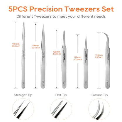 Precision Tweezers, Stainless Steel Pointed Tweezers for Craft, Electronics, Soldering, Experimental Work, Jewelry-Making, Non-Magnetic Industrial Tweezers by TOWOT - size: 120mm