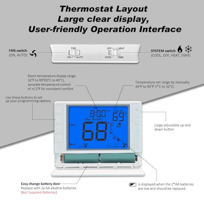 Super Programmable Thermostat for Home，2 Heat/1 Cool Heat Pump Or 1 Heat/1 Cool Conventional Systems, Blue Backlight - color: Blue