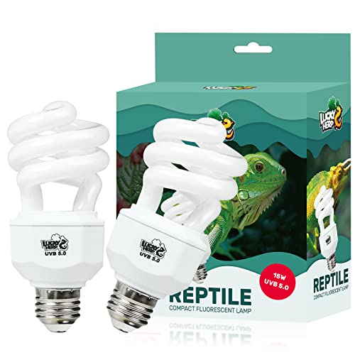 LUCKY HERP 2 Pack UVA UVB Reptile Light, 15W 5.0 UVB Bulb for Tropical and Sub Tropical Reptiles, Compact Fluorescent Terrarium Lamp, Reptile UVB Bulb for Chameleons, Lizard, Turtle - size: 15&5.0