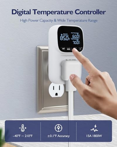 Digital Temperature Controller, Heating & Cooling Thermostat Plug Outlet, –40°F~210°F, 15A 1800W, LCD Display, Temperature Controlled Outlet for Home, Greenhouse, Chicken Coop, Reptile - style: White