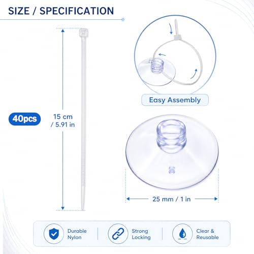 JJUNW 40 Pcs Aquarium Suction Cups, Fish Tank Suction Cups with Zip Ties, Adjustable Cables Set Fish Tank Tools for Holding Airline Tubing Decorations Shrimp Nests and Reptile Hammocks