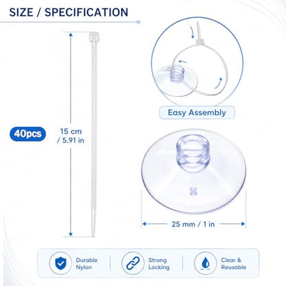 JJUNW 40 Pcs Aquarium Suction Cups, Fish Tank Suction Cups with Zip Ties, Adjustable Cables Set Fish Tank Tools for Holding Airline Tubing Decorations Shrimp Nests and Reptile Hammocks