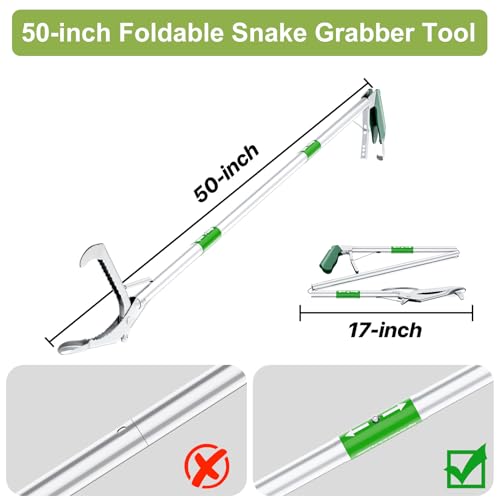 50" Folding Snake Grabber Tongs, Stainless Steel Snake Catcher Tool with Wide Jaws & Non-Slip Handle – Humane Reptile Handling Stick for Outdoor, Yard, Farm & Camping Use - color: Green