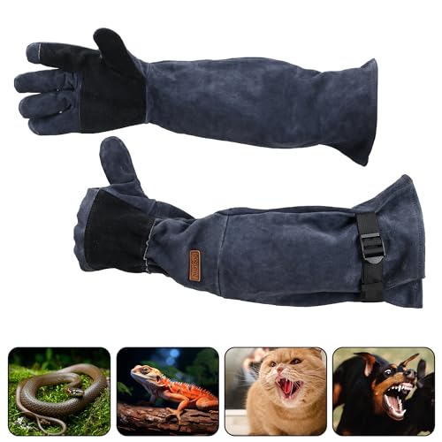 Small Animal Care Gloves - 23.6 inch Leather Reinforced Gloves, Adjustable Straps Suitable for Grabbing Cat Reptile Puppy Bird Poultry or Gardening Welding (Grasping Small Animals)