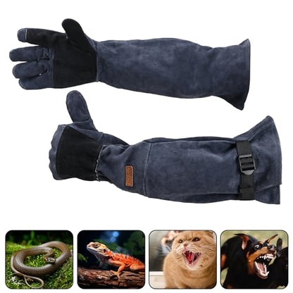 Small Animal Care Gloves - 23.6 inch Leather Reinforced Gloves, Adjustable Straps Suitable for Grabbing Cat Reptile Puppy Bird Poultry or Gardening Welding (Grasping Small Animals)