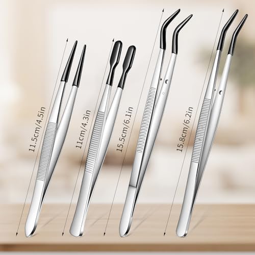 4 PCS Tweezers with Rubber Tips Set, PVC Coated Rubber Tip Tweezers for Crafting, Straight Flat Tip Long Bent Precision Tweezer Set for Crafts, Stamps, Beads, Jewelry, Lab Work
