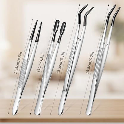 4 PCS Tweezers with Rubber Tips Set, PVC Coated Rubber Tip Tweezers for Crafting, Straight Flat Tip Long Bent Precision Tweezer Set for Crafts, Stamps, Beads, Jewelry, Lab Work