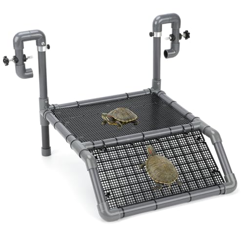 SKARUS Large Turtle Basking Platform for 55-150 Gallon Tanks | 7.9"-13.8" adjustable height tank-mounted aquarium dock with dual hanging arms, non-slip ramp for aquatic reptiles.