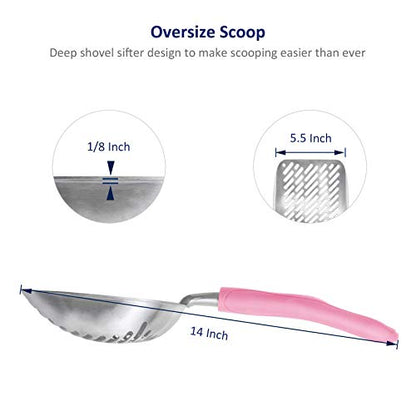 WePet Cat Litter Scoop, Aluminum Alloy Sifter, Kitty Metal Scooper, Deep Shovel with Diagonal Sifting Hole, Long Handle, Kitten Poop Lifter for Litter Box, Large Size, Pink Handle - color: #10 Pink, size: Large