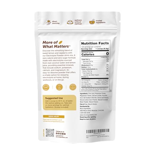 Micro Ingredients Electrolytes Powder, 2lbs (139 Servings) | Sugar Free | Lemon Raspberry Flavor | High Potassium (1,000mg) + Coconut Water & Real Lemon Juice | Keto Friendly, Non-GMO - size: 32 Ounce (Pack of 1)