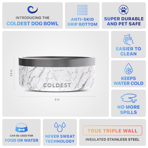 Coldest Dog Bowl - Anti Rust Metal, Non Slip, 3 Layers Insulated Stainless Steel Dog Bowls - Spill Proof & Heavy Duty - Water Bowl for Dogs, Cats & Pets, Dish Washer Safe (64 oz, Carrara Marble) - color: Carrara Marble, size: 64 oz