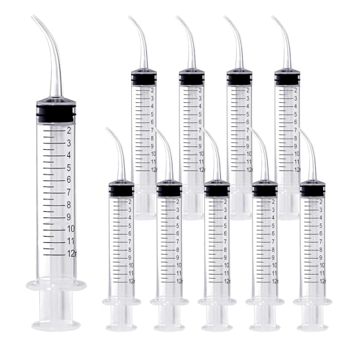 Wisdom Teeth Syringe, 12ml with Curved Tip & Measurement, Sterile Individually Package Dental Irrigation Syringe for Oral Dental Care, Tonsil Stones Removing, Lab, Liquid, Feeding (10 Pack) - style: Curved Tip 10 Pack