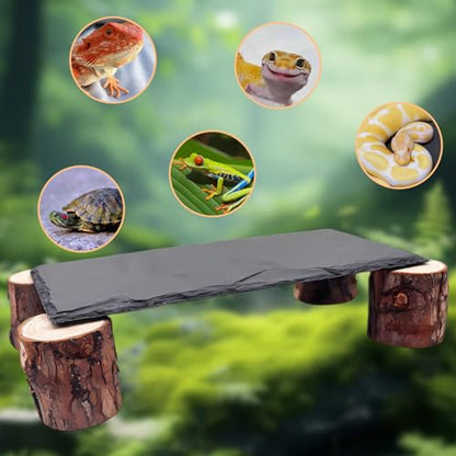 Bearded Dragon Basking Platform, Slate Rocks for Reptiles with Wooden Pile, Leopard Gecko Hides and Caves, Reptile Tank Accessories for Bearded Dragons, Geckos, Ball Pythons, Tortoise