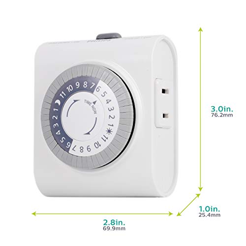 Philips 24-Hour Indoor Mechanical Outlet Timer, 2 Polarized Timer Outlets, 30-Minute Intervals Light Timеr, ON/OFF Daily Cycle Plug Timer, Lamp Timer Push Pins, Override Switch, White, SPC1237AT/27