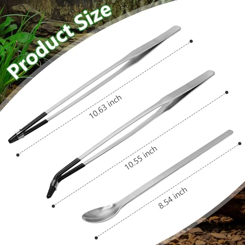 LIQALU 3 Pcs Long Aquarium Tweezers Straight and Curved Tweezers-10.63",Feeding Spoon-8.54", Stainless Steel Reptile Feeding Tongs Tools Feeder for Lizards, Bearded Dragon, Snake Tank Accessories