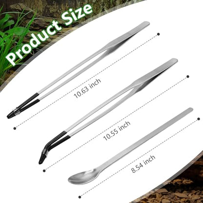 LIQALU 3 Pcs Long Aquarium Tweezers Straight and Curved Tweezers-10.63",Feeding Spoon-8.54", Stainless Steel Reptile Feeding Tongs Tools Feeder for Lizards, Bearded Dragon, Snake Tank Accessories