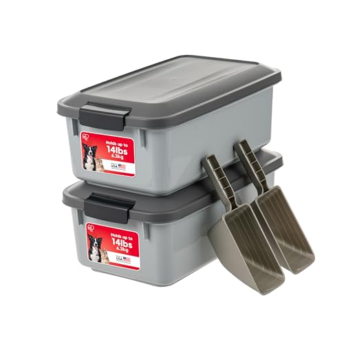 IRIS USA WeatherPro Airtight Pet Food Storage Container, Up to 14 lbs, Dog Cat Bird and Other Pet Food Storage Bin Keep Pests Out Translucent Body BPA Free Stackable, 2 Pack, Gray - color: Gray/Dark Gray, size: 14 lbs - 2 Pack