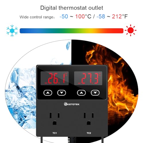 KETOTEK KT99pro Dual Digital Temperature Controller Outlet 10A Relay Heating Coolling Thermostat Controlled Socket with Sensor for Reptile Brewing Fermentation Breeding Incubation Greenhouse