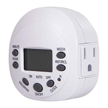 GE 7-Day Programmable Indoor Digital Timer, 1 Grounded Outlet, Weekly / 7 Day Cycle Plug for Electrical Outlets, 125 VAC Light, Plug, Lamp, White, 1 Pack, 15150