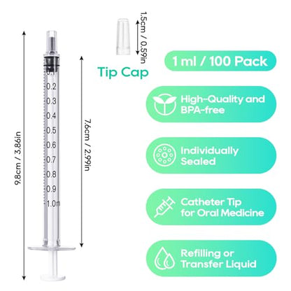 JOLLY PARTY 100 Pack 1ml Syringes with Caps, 1cc Syringe Needleless, Small Oral Syringe with Tip Cap Individually Wrapped for Scientific Labs, Liquid Measuring, Pet Feeding, Oil & Glue Dispenser - style: 1ml