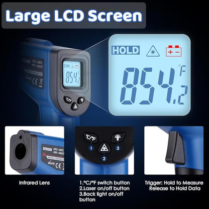 Infrared Thermometer Gun for Cooking, Digital Laser Temperature Thermometer -58℉~1022℉ IR Thermometer Gun for Blackstone Pizza Oven Deep Frying Other Daily Uses with Hard Carrying Case (NOT for Human) - color: Blue