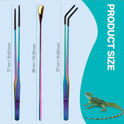 3PCS 10.6" Straight & Curved Reptile Feeding Tongs Set with Spoon | Soft Rubber Tips,Appropriate Length,Stainless Steel,Terrarium & Aquarium Essential Feeding Tools