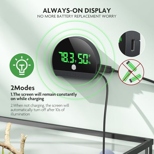 PAIZOO Reptile Thermometer Hygrometer, LED Rechargeable Reptile Tank Thermometer and Humidity Gauge, Switch Between ℉/℃, Always-on Display Mode, 59.05” Type-c Charging Cable