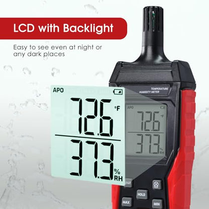 Humidity Temperature Meter, High Precision Digital Psychrometer HVAC with Ambient Temperature Handheld Hygrometer Moisture Meter w/Data Hold, Min/Max, 4 Digits Display Backlit for Outdoor Indoor Use